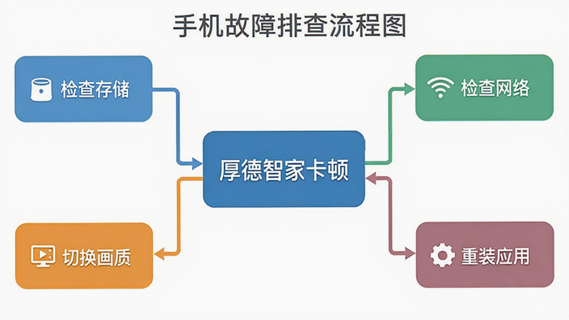 手机故障排查流程图,中心是“厚德智家卡顿”,分支指向“检查存储”、“检查网络”、“切换画质”、“重装应用”,图表简洁明了,颜色区分清晰,风格扁平化,细节标注清晰,画质高清,无杂乱线条,干净背景