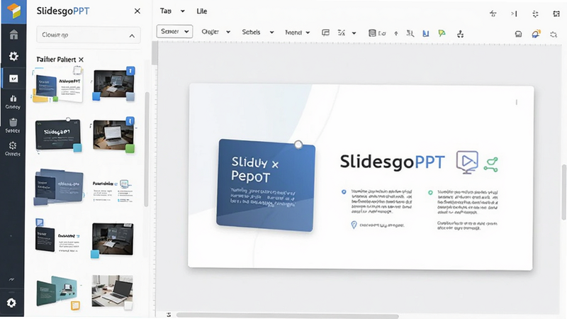 主体为SlidesgoPPT软件界面预览图,布局采用现代扁平化设计,左侧为素材库侧边栏,右侧为幻灯片编辑画布,排版整洁有序,风格简约商务,细节包含清晰的图标和柔和的阴影效果,画质高清,干净,无多余元素,文字包含