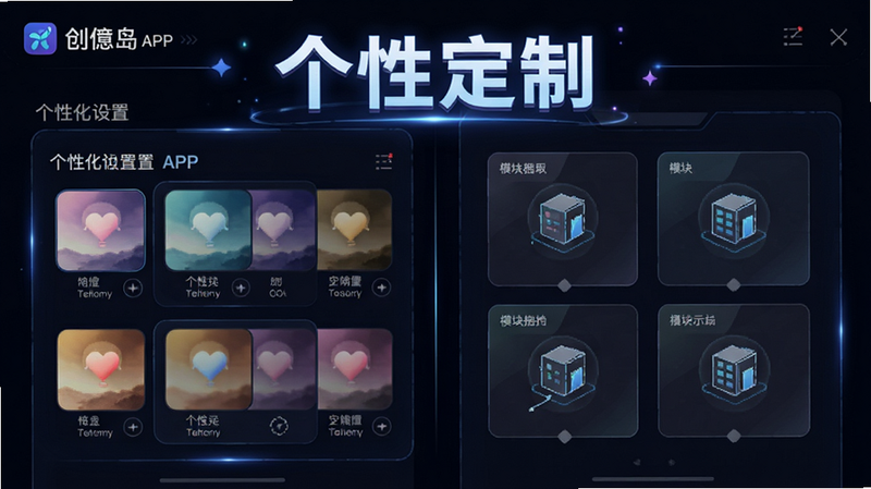 创岛APP的个性化设置界面,展示多种主题颜色选择器和模块拖拽示意图,布局为分栏式,风格时尚且充满科技感,细节丰富,画质细腻,文字“个性定制”醒目展示