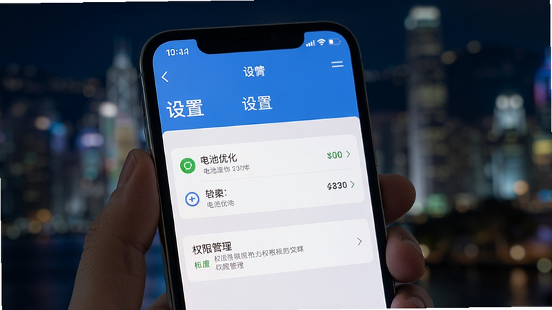 展示手机屏幕上创岛APP的设置界面,重点突出电池优化和权限管理选项,背景为模糊的城市夜景,布局清晰,风格写实,细节丰富,画质高清,文字“设置”高亮显示