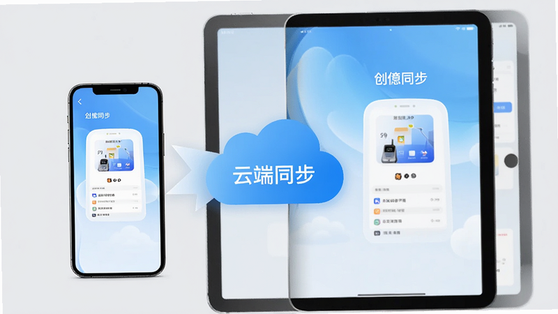 手机和平板设备并列展示创岛APP,中间有云状箭头表示数据同步,背景为浅灰色,布局平衡,风格商务简约,细节清晰,画质高,文字“云端同步”点缀其间
