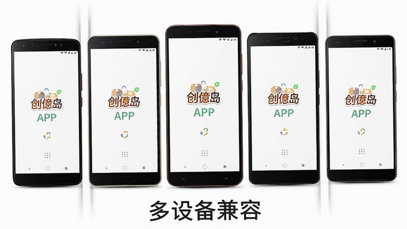 展示多款不同品牌的安卓手机排列在一起,屏幕上均显示创岛APP的启动画面,背景为纯白色,布局对称,风格简洁现代,细节精致,画质清晰,文字“多设备兼容”作为底部标语