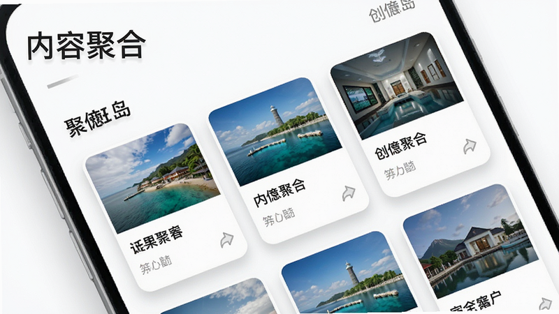 展示创岛APP的界面,主要区域为内容卡片流,卡片设计精美,包含图片和标题,背景为白色,布局整齐,风格简约现代,细节处有柔和阴影,画质清晰,文字“内容聚合”作为装饰性标题出现在角落