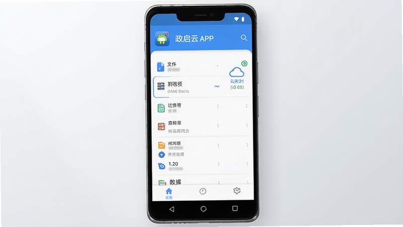 主体为安卓手机屏幕展示政启云APP首页界面,布局清晰整洁,顶部显示应用名称,中部为文件列表与云端同步状态图标,底部为功能导航栏。风格为现代极简商务风,细节呈现清晰的UI图标与柔和阴影,画质高清,干净无多余元素,背景为浅灰色渐变