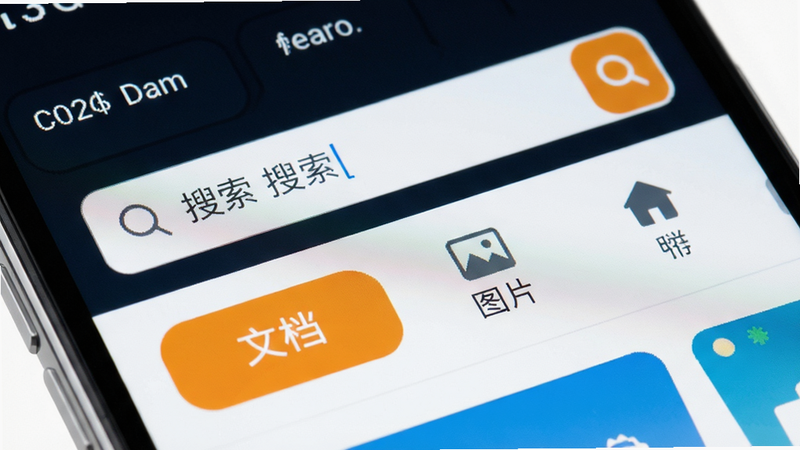 主体为手机界面特写,展示文件搜索框与分类标签页,标签页高亮显示“文档”、“图片”等选项。风格为扁平化设计,细节体现清晰的文字排版与图标设计,画质细腻,构图紧凑,背景纯净