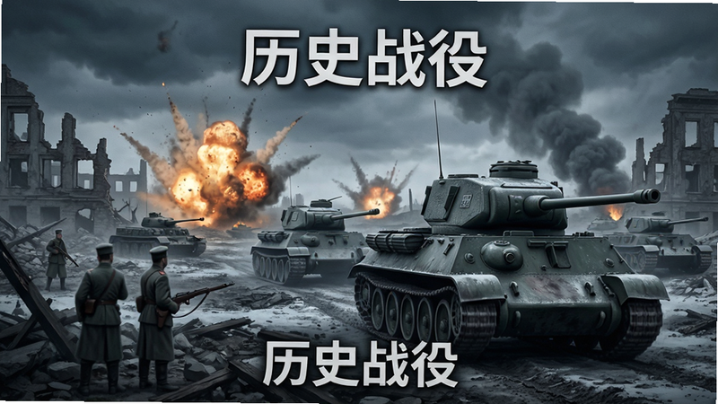 生成一张《策略的时代》历史战役场景图,主体为斯大林格勒废墟战场,远处有爆炸火光,近处有德军坦克推进,天空阴沉,色调偏冷,体现战争的残酷与沉重,风格写实,细节丰富,画质高清,干净无多余元素,文字清晰显示“历史战役”