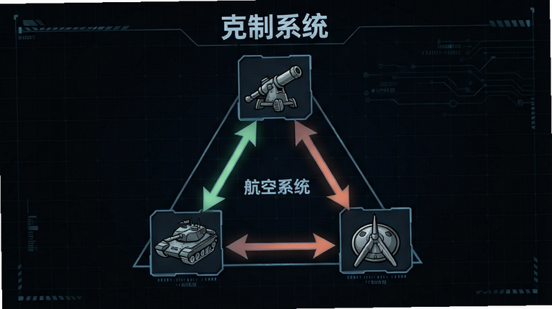 生成一张《策略的时代》兵种克制关系图,主体为三角形布局,分别绘制坦克、反坦克炮、航空兵三种单位图标,箭头连接表示克制关系,背景为深色网格,风格简洁科技感,细节清晰,画质高清,干净无多余元素,文字清晰显示“克制系统”