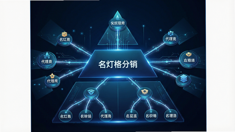 一张展示分销层级结构的示意图,主体为金字塔形的分销网络图,中心标注“名灯格分销”,周围延伸出多个节点代表不同层级的代理商,布局呈放射状,排版清晰,风格科技感强,细节处用光线连接节点,画质高清,干净,无多余元素