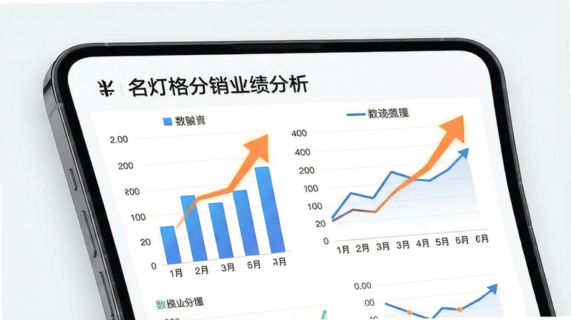一张数据分析报表的视觉图,主体为手机屏幕上的柱状图和折线图,标题为“名灯格分销业绩分析”,布局左右分栏,排版紧凑有序,风格简约商务,细节处高亮显示增长箭头,画质细腻,干净,无多余元素