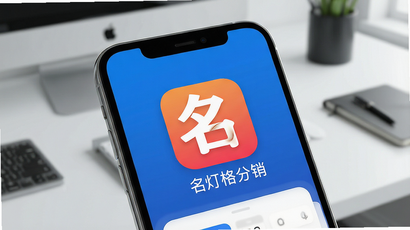 一张高清展示名灯格分销APP界面的概念图,主体为手机屏幕,屏幕上清晰显示着“名灯格分销”的应用图标和主色调,背景为简约的办公桌面,布局整洁,排版现代,风格专业商务,细节处体现光影质感,画质清晰,干净,无多余元素