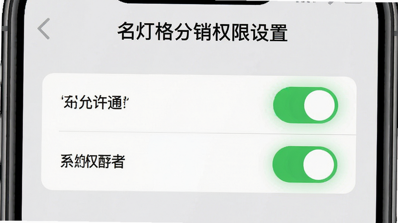 一张手机设置权限界面的模拟图,主体为手机屏幕,显示“允许通知”和“允许存储”的开关状态,标题为“名灯格分销权限设置”,布局居中,排版清晰,风格扁平化,细节处高亮显示开关按钮,画质清晰,干净,无多余元素