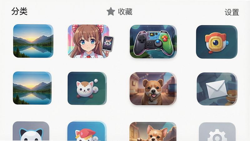 手机应用界面截图,展示壁纸分类列表,包括风景、动漫、游戏等图标,布局整齐,排版清晰,风格现代扁平化,细节精致,画质高清,干净,无多余元素,文字“分类”、“收藏”、“设置”清晰可见