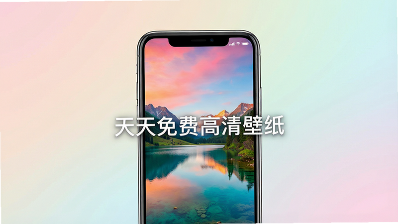 一张现代简约风格的手机界面展示图,主体为一部智能手机,屏幕显示着色彩鲜艳的高清风景壁纸,背景为柔和的渐变色,布局居中,排版整洁,风格清新自然,细节丰富,画质4k,干净,无多余元素,文字“天天免费高清壁纸”清晰可见