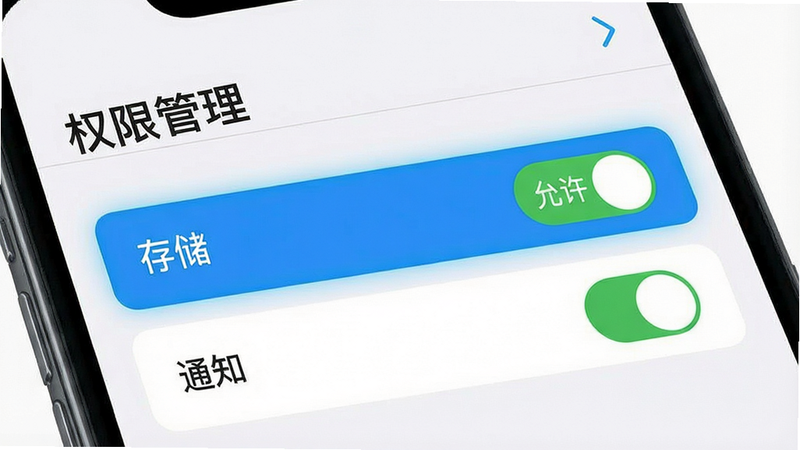 手机设置界面示意图,展示权限管理页面,高亮显示“存储”和“通知”权限开关,布局清晰,排版简洁,风格科技感,细节准确,画质高清,干净,无多余元素,文字“权限管理”、“存储”、“允许”清晰可见