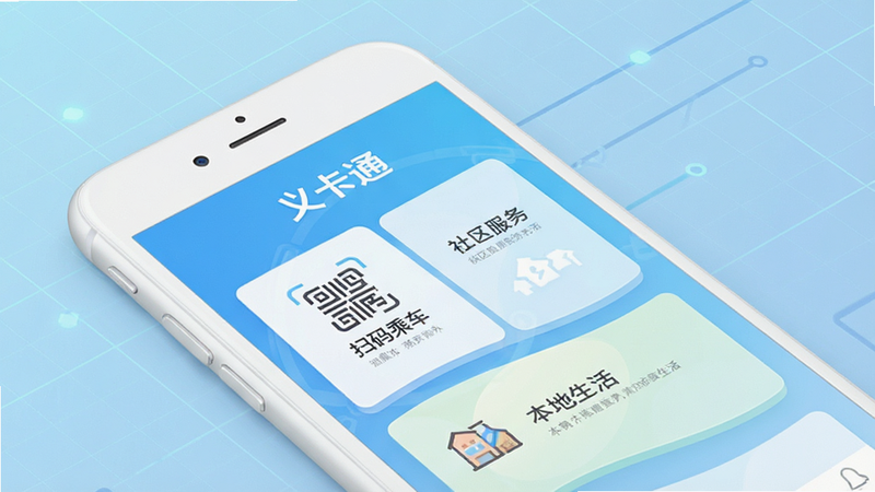 一张展示手机屏幕的3D渲染图,主体为一部白色智能手机,屏幕显示“义卡通”应用的主界面,界面包含“扫码乘车”、“社区服务”、“本地生活”三个大卡片,背景为浅蓝色渐变科技感网格,风格现代简约,细节清晰,画质4k,干净无多余元素,文字“义卡通”清晰可见