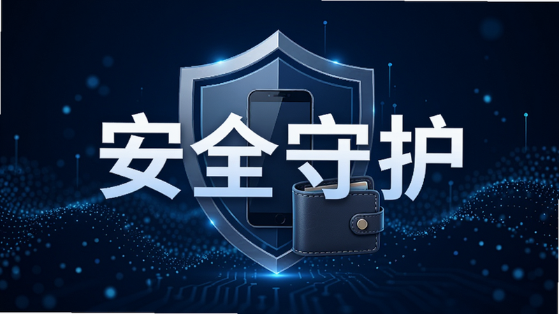 概念图,展示一个抽象的盾牌图标保护着手机和钱包,背景为深蓝色科技感粒子效果,风格现代简约,细节精致,高清画质,无多余元素,文字“安全守护”醒目