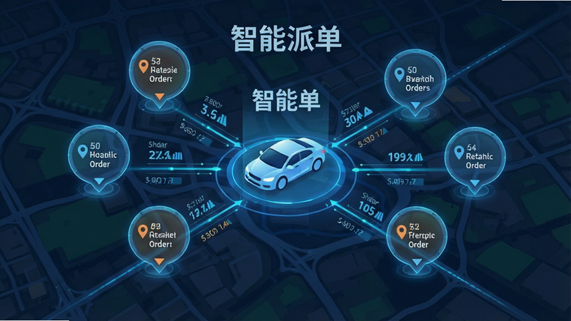 展示智能派单逻辑的示意图,主体为地图背景,中间有一个汽车图标,周围分布着多个订单气泡,布局呈辐射状,排版直观,风格科技感,细节显示数据连接线,画质清晰,干净,无多余元素,文字标注“智能派单”