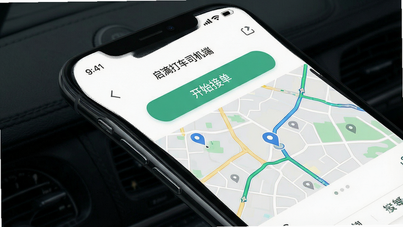 一张展示启滴打车司机端APP界面的概念图,主体为手机屏幕,屏幕显示简洁的接单界面,包含“开始接单”按钮和实时路况地图,布局清晰,排版现代,风格扁平化,细节展示GPS定位图标和电量信号,画质高清,干净,无多余元素,文字标注“启滴打车司机端”