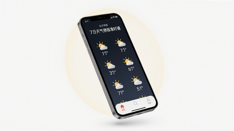 展示「7日天气预报准时通」APP的极简主义设计风格,手机悬浮于白色背景之上,屏幕显示清晰的天气图标,周围有柔和的光晕效果,强调简洁与高效,风格清新,细节精致,画质极高,干净,文字包含