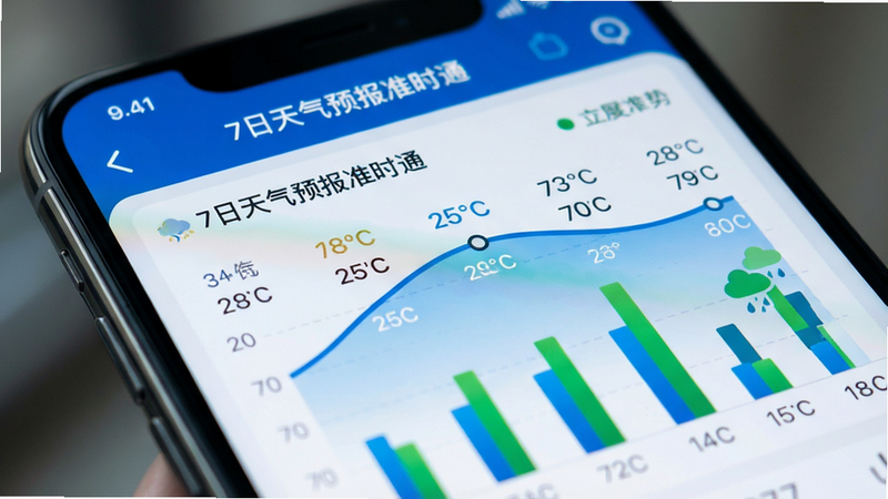 手机界面特写,聚焦于「7日天气预报准时通」APP中的七日趋势图表区域,背景虚化以突出前景,图表显示温度曲线与降水柱状图,色彩鲜明,蓝色代表温度,绿色代表降水,风格科技感强,细节丰富,画质清晰,干净,文字显示