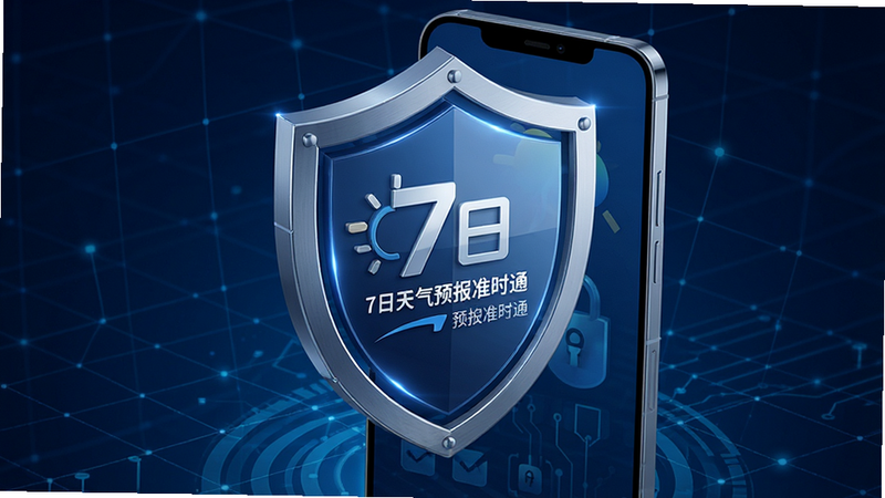 安全盾牌图标与手机屏幕融合的概念图,背景为深蓝色科技网格,盾牌上印有「7日天气预报准时通」Logo,象征数据隐私保护,风格庄重,细节精致,画质极高,干净,文字包含