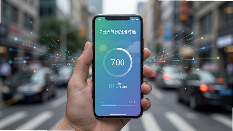 手机手持场景图,背景为模糊的城市街道,焦点在手持的手机上,屏幕显示「7日天气预报准时通」正在加载数据,周围有表示数据流动的抽象线条,风格写实,光影自然,细节清晰,画质高清,干净,文字显示