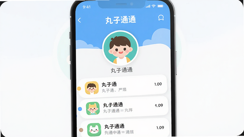 主体为丸子通通APP的主界面展示,布局采用扁平化设计,中心突出圆形头像与简洁的消息列表,排版清晰有序,整体风格清新简约,细节处体现柔和的圆角处理,画质高清,干净无多余元素,文字“丸子通通”清晰可见