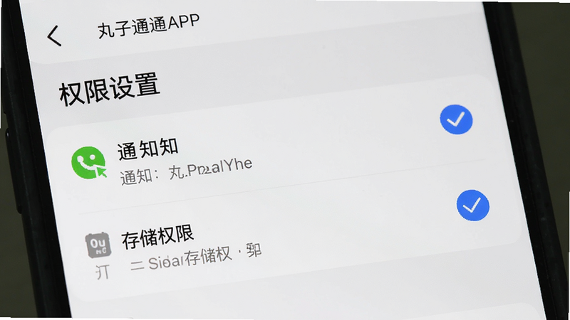 主体为手机系统设置界面,展示丸子通通APP的权限管理页面,布局清晰,重点高亮显示通知与存储权限,排版整洁,风格官方UI设计,细节处体现勾选状态,画质清晰,无多余弹窗,文字“权限设置”可见