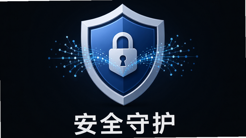 主体为丸子通通APP的安全盾牌图标,布局居中,象征隐私保护,排版对称平衡,风格严谨专业,细节处展示数据加密流的抽象图形,画质清晰,干净利落,文字“安全守护”位于图标下方