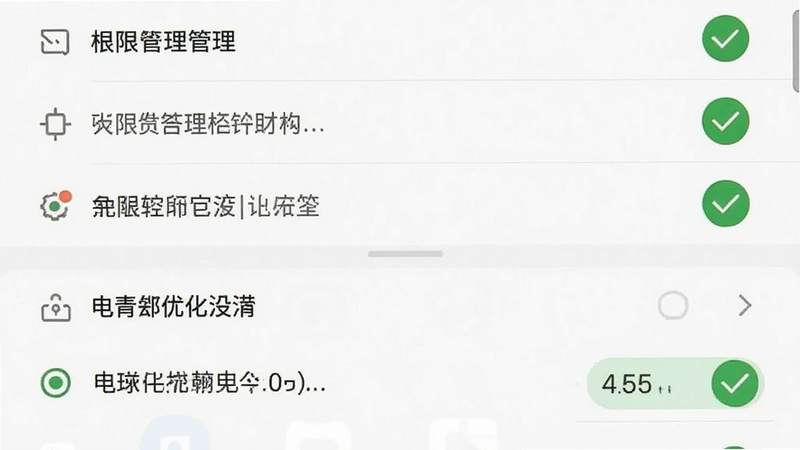 主体为手机设置界面截图,布局为上下结构,上方显示权限管理列表,下方显示电池优化设置,背景为白色简洁界面,排版清晰易读,风格扁平化UI设计,细节处有绿色对勾标识表示已授权,画质高清,干净无广告干扰