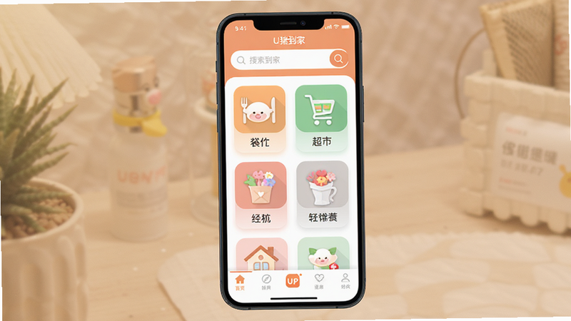 主体为U猪到家APP的手机界面展示,布局清晰,顶部显示搜索栏,中部为分类图标如餐饮、超市、鲜花,底部为导航栏,风格为现代扁平化UI设计,细节丰富,色彩柔和温馨,画质高清,干净无多余元素,文字包含“U猪到家”