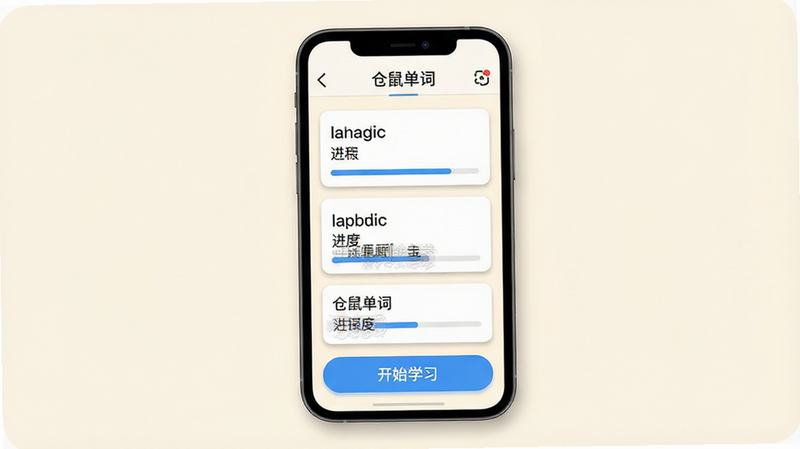 主体为手机屏幕界面,居中展示“仓鼠单词”APP的主界面,背景为柔和的米白色,顶部有清晰的导航栏,中间区域显示单词列表卡片,每张卡片包含英文单词、中文释义及进度条,底部有醒目的蓝色“开始学习”按钮,布局简洁有序,扁平化设计风格,细节处有轻微阴影增强立体感,画质高清,干净无多余元素