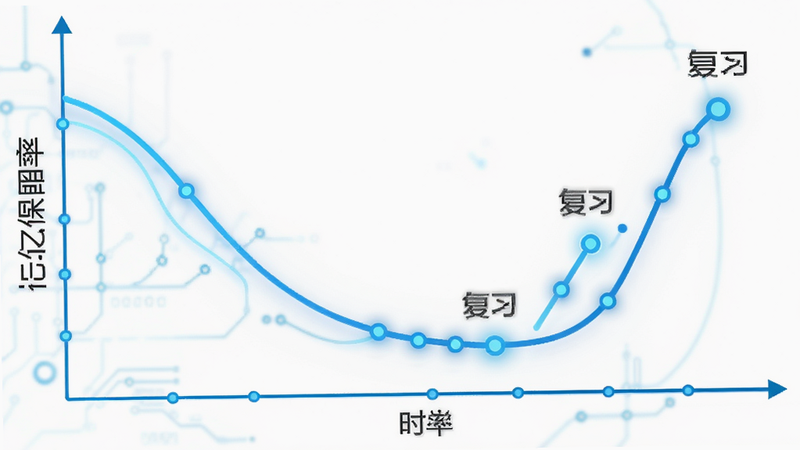主体为抽象化的记忆曲线图表,横轴为时间,纵轴为记忆保留率,一条蓝色的曲线平滑下降后通过几个标记点回升,标记点上标注“复习”字样,背景为纯白色,风格极简科技风,线条流畅,色彩明亮,细节清晰,画质4k,干净无杂乱