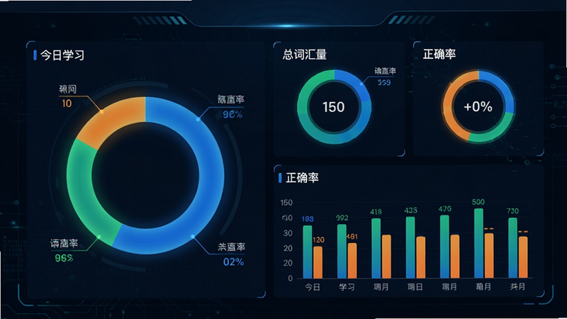 主体为数据仪表盘界面,包含多个环形图和柱状图,分别展示“今日学习”、“总词汇量”、“正确率”,颜色搭配为蓝、绿、橙,背景为深色模式,风格科技感强,数据标签清晰,细节丰富,画质高保真,无噪音干扰