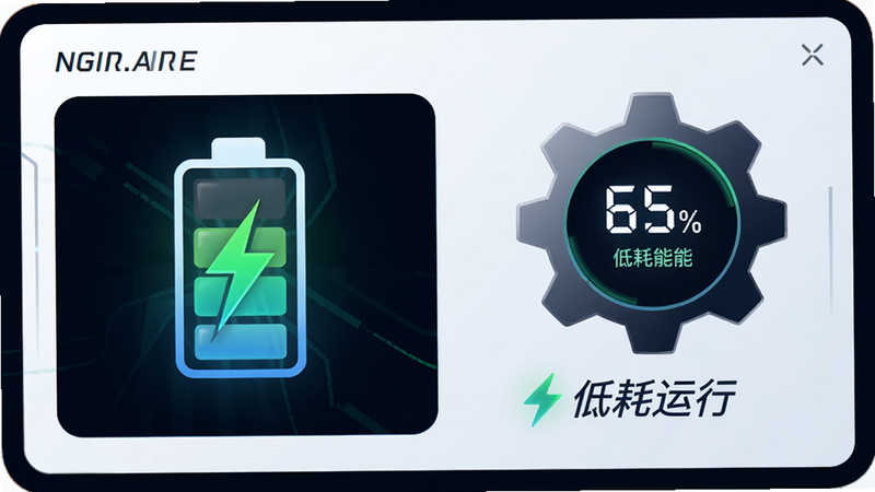 主体为电池图标与齿轮设置界面,布局简洁,风格科技感,细节显示电量百分比与低耗能标识,画质高清,干净,无多余元素,文字“低耗运行”
