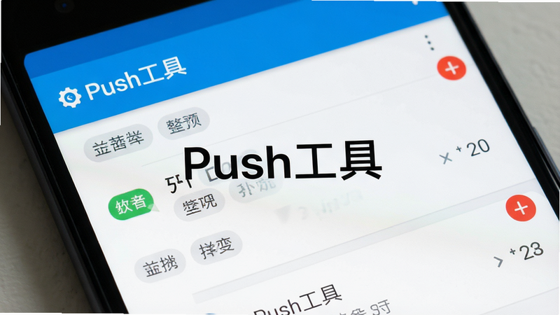 主体为安卓手机屏幕特写,显示名为“Push工具”的应用界面,布局为列表式消息流,排版整洁,风格扁平化极简,细节包含未读消息红色角标与分类标签,画质高清,干净,无多余元素,文字“Push工具”居中显眼