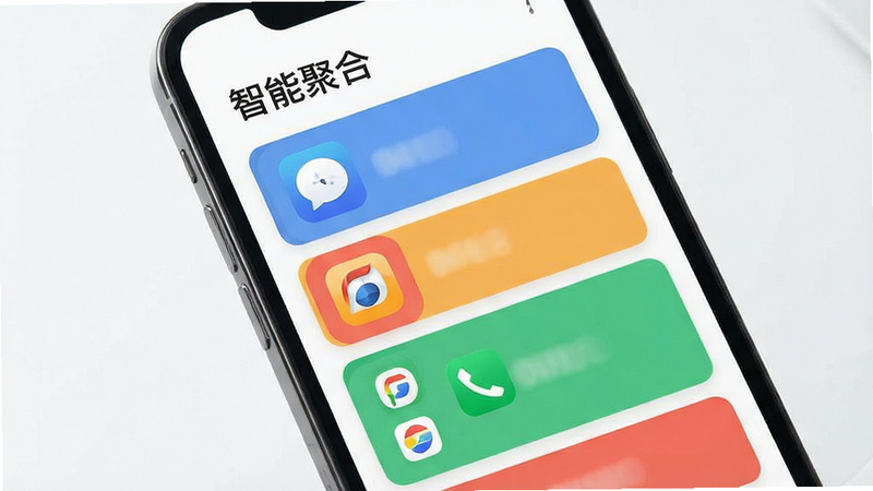 主体为手机界面,展示消息分类列表,布局为卡片式设计,排版有序,风格现代商务,细节显示不同应用图标被归入不同颜色区块,画质清晰,干净,无多余元素,文字“智能聚合”作为顶部标题