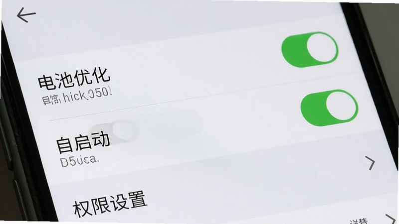 主体为手机设置界面截图,布局为列表选项,风格系统原生,细节显示“电池优化”与“自启动”开关处于开启状态,画质清晰,干净,无多余元素,文字“权限设置”