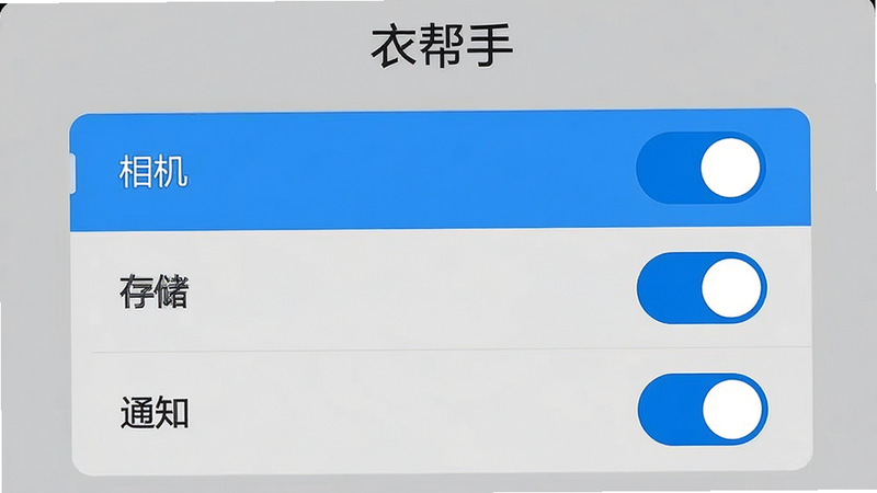 生成一张手机设置权限界面的示意图,主体为“衣帮手”应用权限设置页面,背景灰色,高亮显示“相机”、“存储”、“通知”三个权限开关,开关状态为开启(蓝色),文字清晰,风格扁平化,细节准确,无多余装饰,高清画质