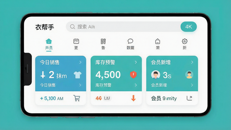 生成一张高清扁平化风格的UI界面设计图,主体为“衣帮手”APP首页,背景纯白,布局清晰,顶部显示搜索栏和分类图标,中部展示“今日销售”、“库存预警”、“会员新增”三个核心数据卡片,配色为清新的蓝绿色调,细节精致,无多余元素,画质干净,4k分辨率