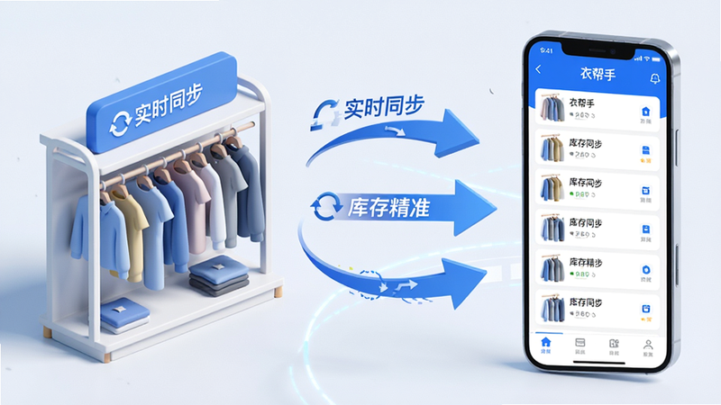 生成一张展示库存管理流程的示意图,主体为“衣帮手”APP中的库存模块界面,画面左侧是服装货架的3D简化模型,右侧是手机端列表界面,中间用动态箭头连接,表示数据同步,文字标签“实时同步”、“库存精准”,风格科技感,蓝白配色,细节清晰,无水印,高质量渲染