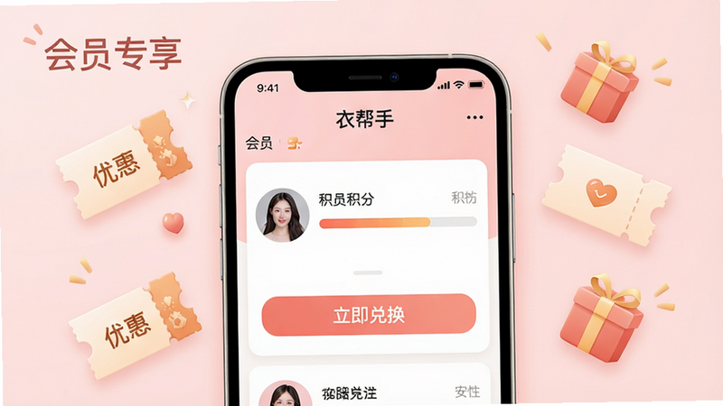 生成一张会员营销场景图,主体为“衣帮手”APP的会员列表界面,背景为柔和的淡粉色,界面上展示会员头像、积分进度条和“立即兑换”按钮,周围漂浮着优惠券和礼物的图标,风格温馨亲切,细节丰富,文字“会员专享”,画质高清,干净无杂质
