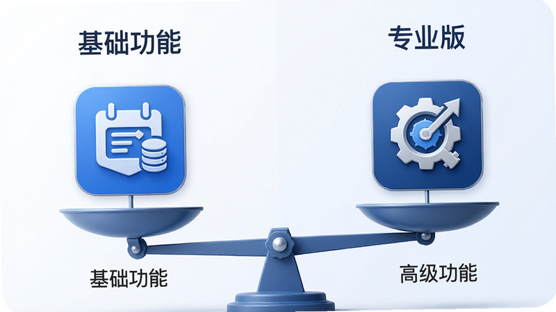 生成一张对比图,左侧显示“免费版”图标,右侧显示“专业版”图标,中间用天平平衡,背景简洁,文字标签“基础功能”、“高级功能”,风格商务简约,蓝色主调,细节精致,无水印,高清
