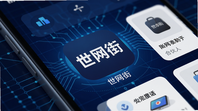 主体为世网街APP的手机屏幕特写,布局中心突出APP图标,背景为深蓝色科技感网格,排版简洁现代,风格为商业科技风,细节包含UI界面中的商品卡片与合伙人入口,画质高清,干净,无多余元素,图片中文字