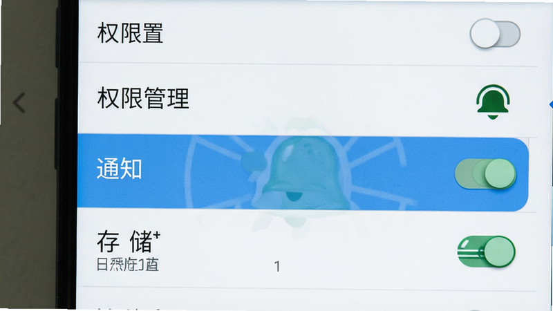 主体为手机设置界面截图,布局中心显示“权限管理”列表,高亮选中“通知”与“存储”选项,排版为标准安卓系统风格,细节包含开关按钮状态,画质清晰,干净,无多余元素,图片中文字