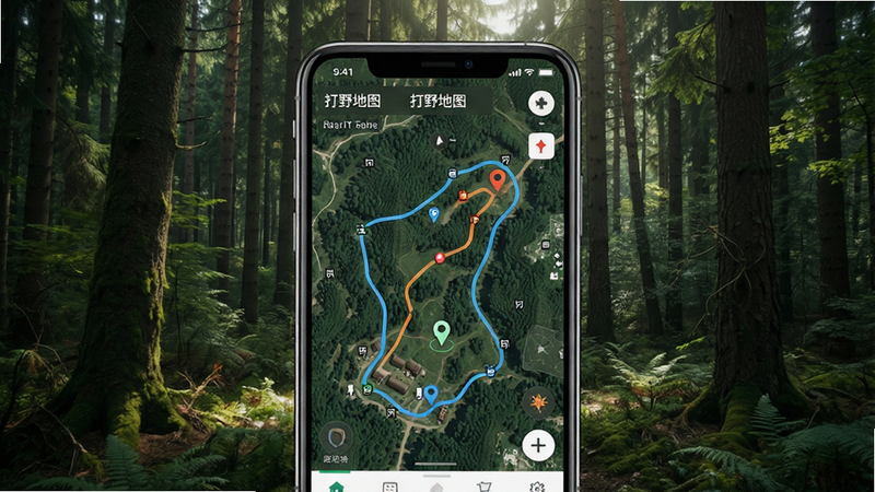 展示一款名为“打野地图”的手机应用界面,主体为手机屏幕,背景为户外森林场景。屏幕显示高精度卫星地图,带有清晰的路线轨迹和定位标记。布局居中,排版简洁,风格现代科技感,细节丰富,画质高清,干净无多余元素,文字标签“打野地图”清晰可见