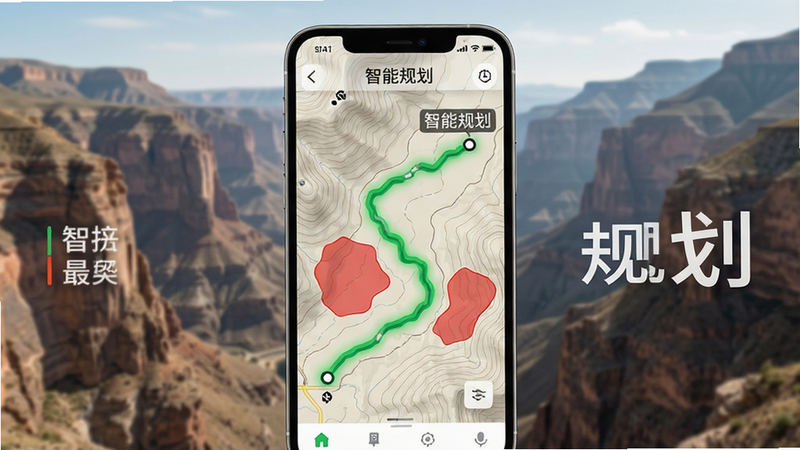 手机屏幕展示路径规划界面,背景为山地峡谷。主体为手机,屏幕中有一条绿色最优路径连接起点和终点,避开红色危险区。布局直观,排版逻辑清晰,风格专业,细节显示地形等高线,画质高清,干净,无多余元素,文字“智能规划”醒目