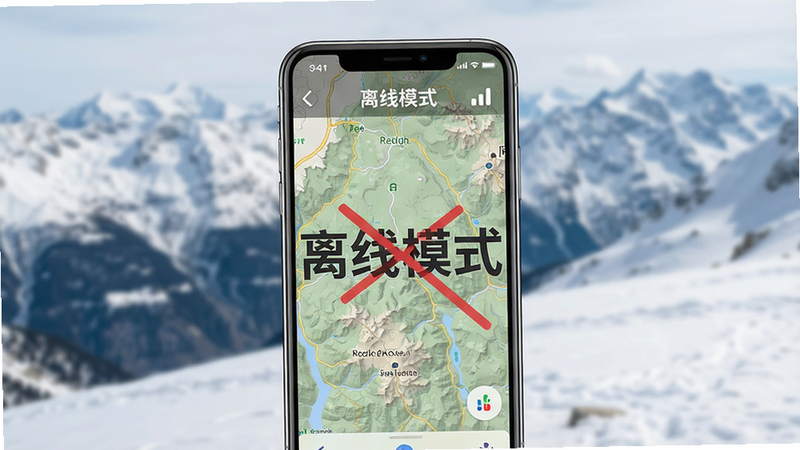 描绘手机屏幕显示离线地图状态,背景为雪山环境。主体为手机,屏幕中地图细节丰富,无信号图标被划掉表示离线可用。布局平衡,排版清晰,风格写实,细节突出,画质超清,干净,无多余元素,文字“离线模式”加粗显示