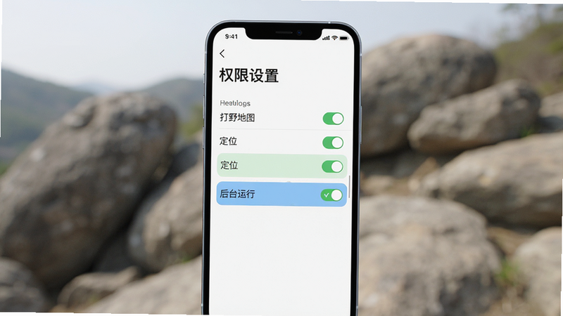 展示手机设置界面,背景为模糊的户外岩石。主体为手机屏幕,显示权限管理列表,其中“打野地图”的“定位”和“后台运行”权限被高亮勾选。布局垂直,排版清晰,风格简洁,细节显示开关状态,画质清晰,干净,无多余元素,文字“权限设置”醒目