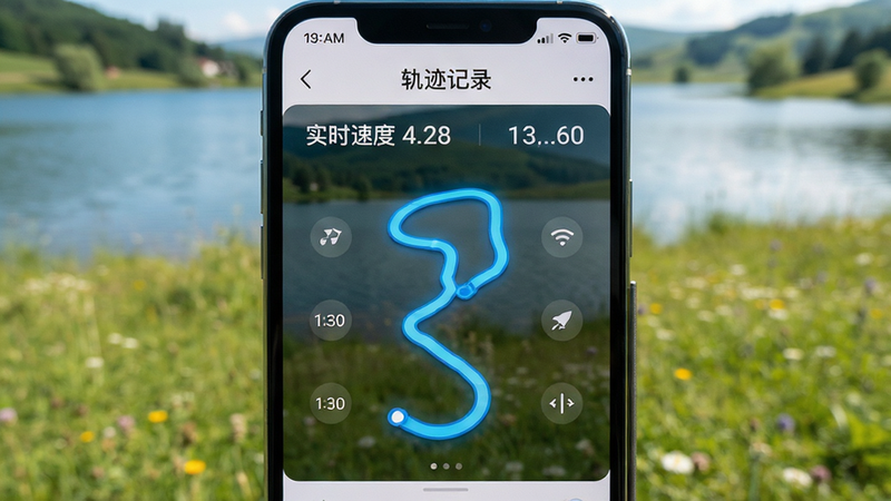 手机屏幕显示轨迹记录界面,背景为湖泊草地。主体为手机,屏幕中有一条蓝色动态轨迹线,旁边有实时速度和距离数据。布局紧凑,排版易读,风格清新自然,细节显示时间戳,画质精致,干净,无多余元素,文字“轨迹记录”清晰